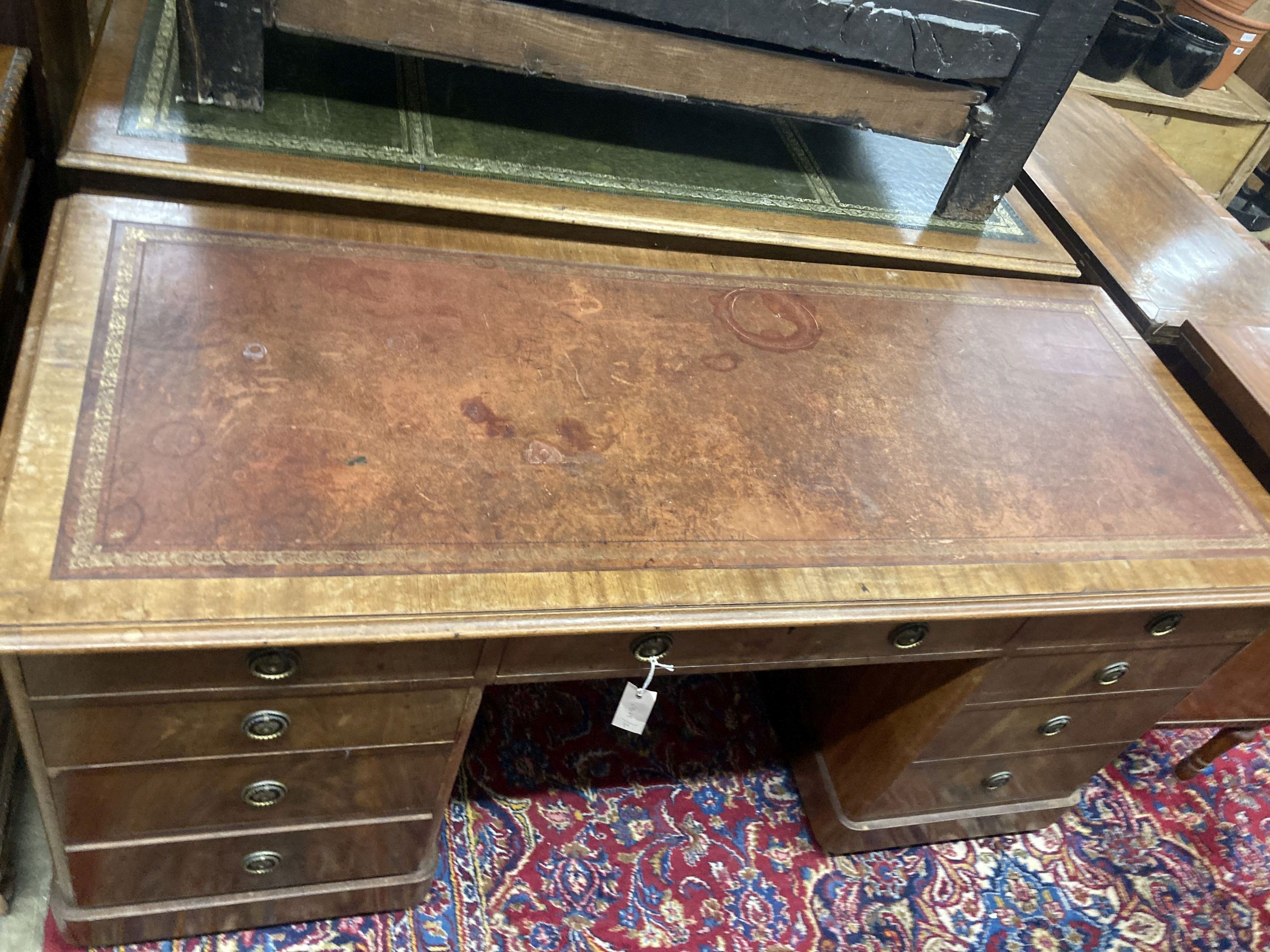 A Victorian mahogany kneehole desk, width 156cm, depth 64cm, height 73cm